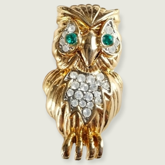 David Collection Gold Tone Rhinestone Owl Brooch - Picture 4 of 12
